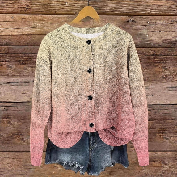 XPMWRP Women's Gradient Color Knitted Jacket Long Sleeve Button Down Casual Coats Fall Winter Trendy Loose Jacket Yellow M