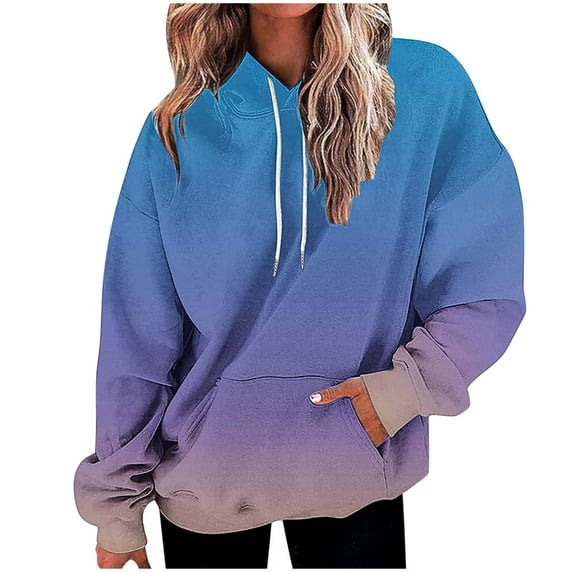 XPMWRP Women's Gradient Color Oversized Drawstring Hoodies Sweatshirt Long Sleeve Lightweight Loose Fit Comfortable Pullover with Pockets Blue XL