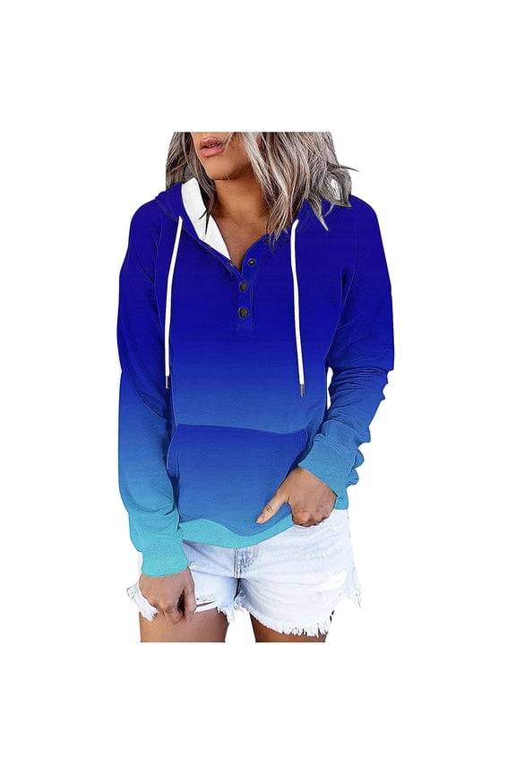 Women's Gradient Color Oversized Hoodies Drawstring Sweatshirt Long Sleeve Loose Fit Comfortable Button Pullover with Pockets Blue XXL