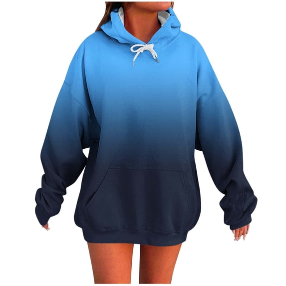 XPMWRP Women's Gradient Color Oversized Hoodies Drawstring Sweatshirt Long Sleeve Loose Fit Comfortable Pullover with Pockets Blue XXL