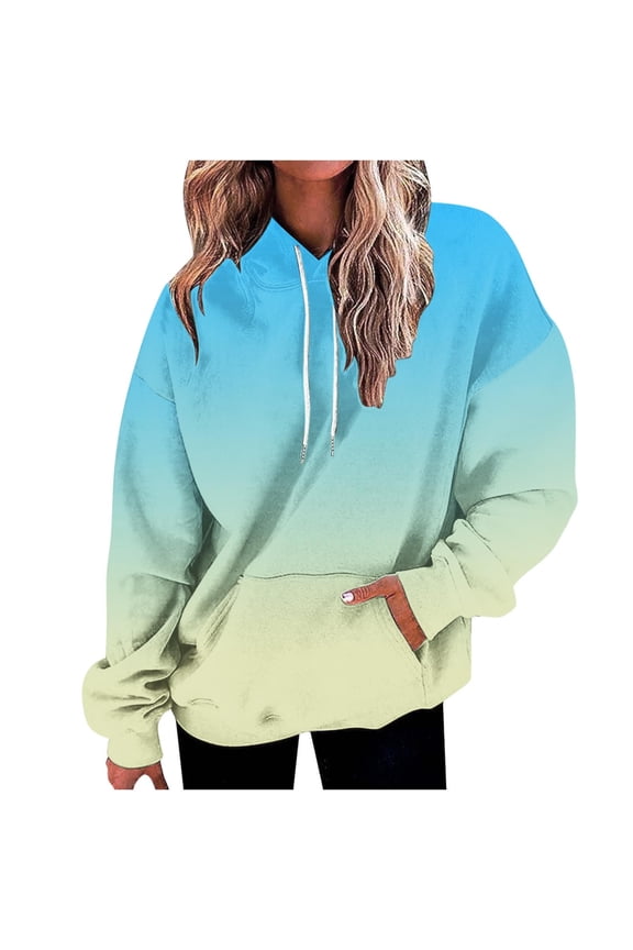 Women's Gradient Color Oversized Hoodies Drawstring Sweatshirt Long Sleeve Loose Fit Comfortable Pullover with Pockets Blue XXL