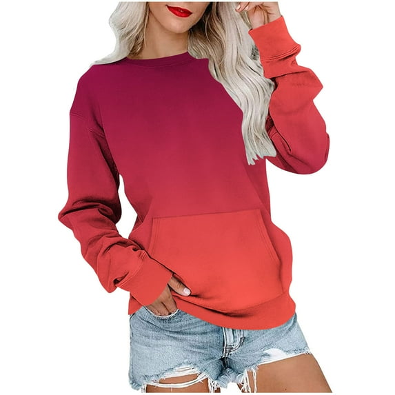 XPMWRP Women's Gradient Color Oversized Sweatshirts Loose Crewneck Casual Long Sleeve Pullover Tops Winter Warm Clothes Red L