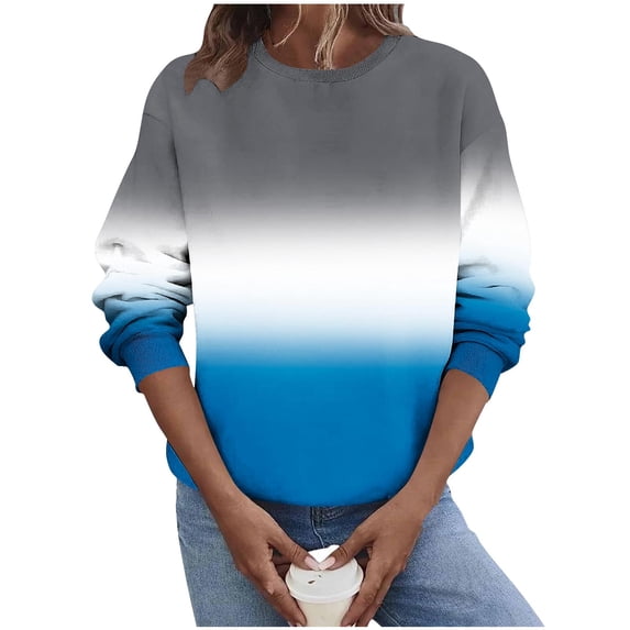 XPMWRP Women's Gradient Trendy Sweatshirt Casual Long Sleeve Crew Neck Pullover Loose Spring Fall Sweatshirt Blue XL