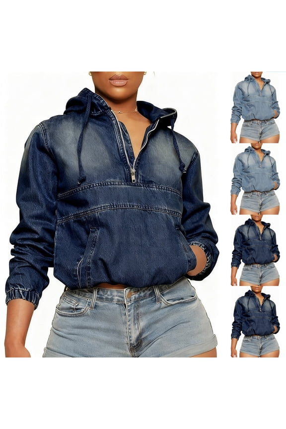 Women's Half Zip Denim Hoodie Pullover Jackets Casual Long Sleeve Hooded Jean Jacket Loose Fit Jean Sweatshirt Light Blue S