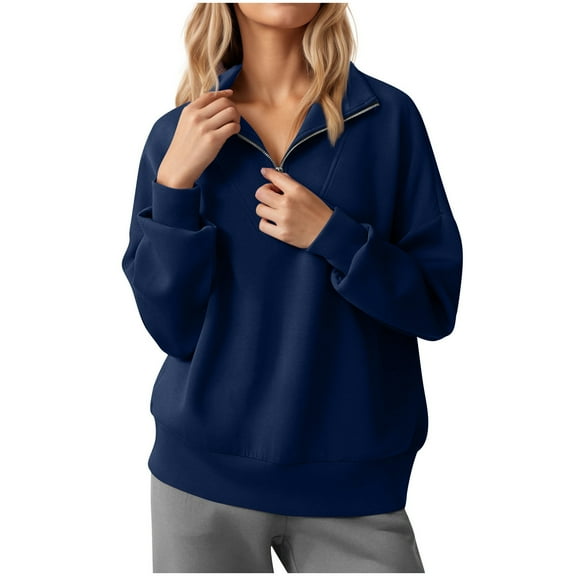 XPMWRP Women's Half Zip Solid Color Sports Sweatshirts Long Sleeve Trendy Loose Turtleneck Pullover Fall Winter Fashion Outfits Clothes Blue XL