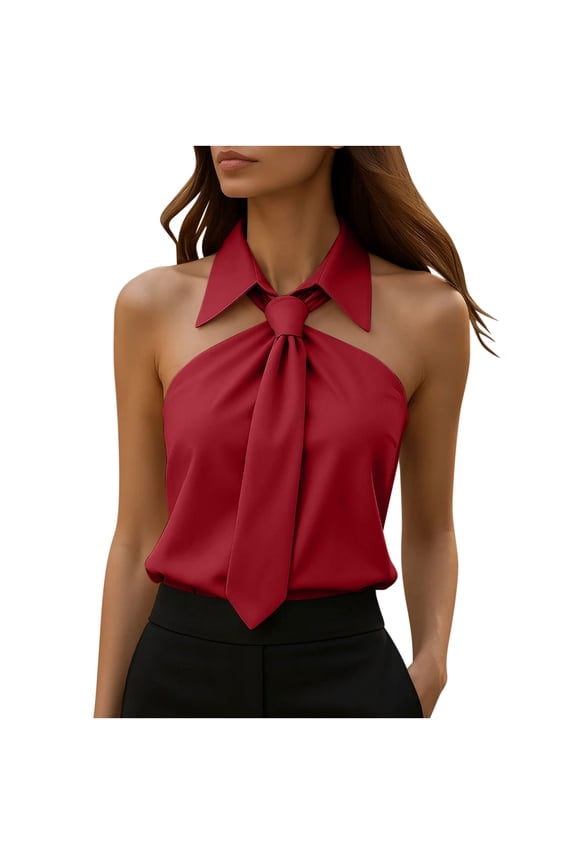 Women's Halter Neck Tie Front Collared Sleeveless Satin Blouse Elegant Silky Slim Fit Tops for Party, Night Out, Office & Daily Wear Red L