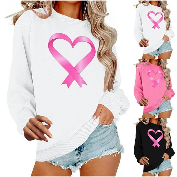 XPMWRP Women's Heart Graphic Print Breast Cancer Sweatshirts Loose Winter Warm Long Sleeve Crewneck Lightweight Pullover Pink XL