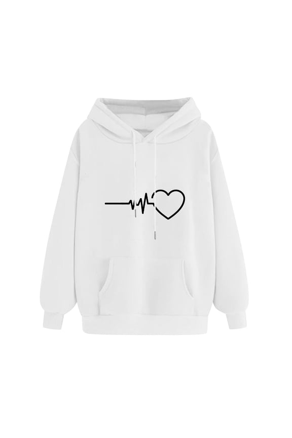 Women's Heart Graphic Print Drawstring Hoodie Sweatshirt Casual Crewneck Loose Pullover Long Sleeve Fall Winter Oversized Sweatshirt White S