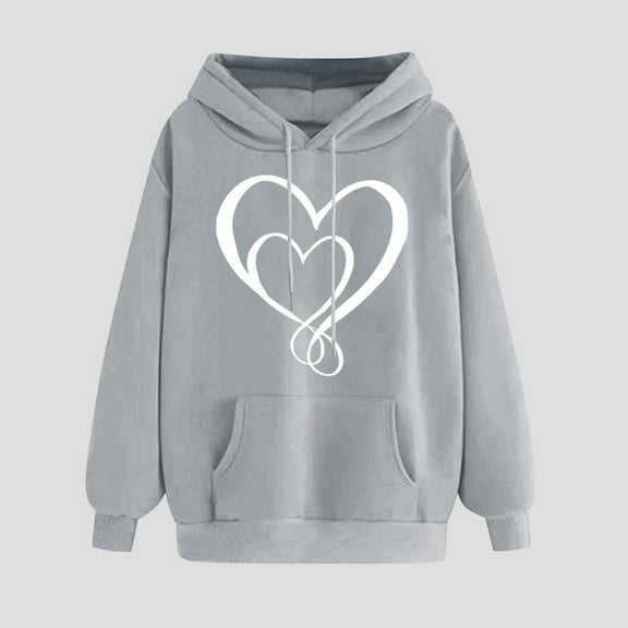 XPMWRP Women's Heart Graphic Printed Hoodie Sweatshirt Long Sleeve Trendy Loose Comfy Fleece Pullover Tops Fall Winter Drawstring Sweatshirts Gray L