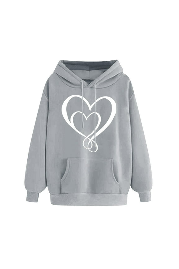 Women's Heart Graphic Printed Hoodie Sweatshirt Long Sleeve Trendy Loose Comfy Fleece Pullover Tops Fall Winter Drawstring Sweatshirts Gray XXL