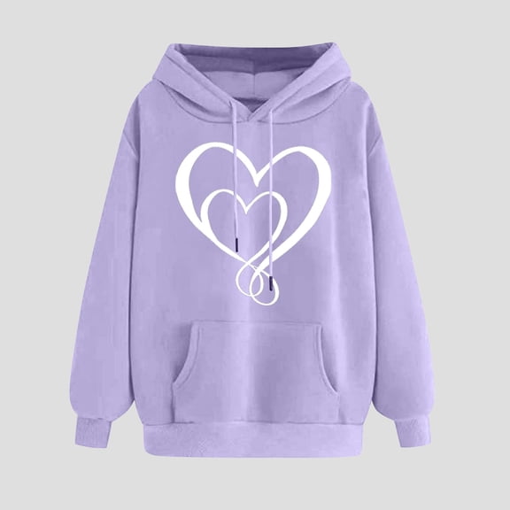 XPMWRP Women's Heart Graphic Printed Hoodie Sweatshirt Long Sleeve Trendy Loose Comfy Fleece Pullover Tops Fall Winter Drawstring Sweatshirts Purple L