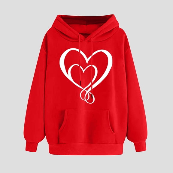 XPMWRP Women's Heart Graphic Printed Hoodie Sweatshirt Long Sleeve Trendy Loose Comfy Fleece Pullover Tops Fall Winter Drawstring Sweatshirts Red S