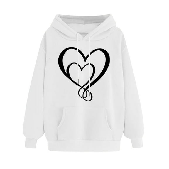 XPMWRP Women's Heart Graphic Printed Hoodie Sweatshirt Long Sleeve Trendy Loose Comfy Fleece Pullover Tops Fall Winter Drawstring Sweatshirts White M