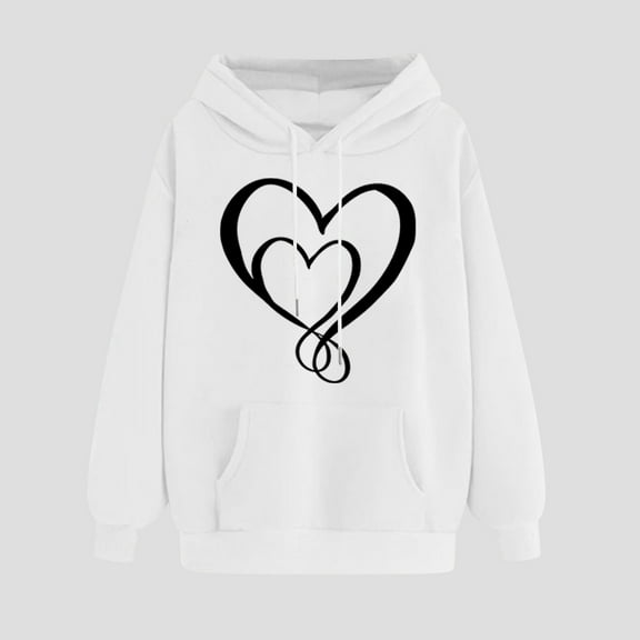 XPMWRP Women's Heart Graphic Printed Hoodie Sweatshirt Long Sleeve Trendy Loose Comfy Fleece Pullover Tops Fall Winter Drawstring Sweatshirts White XL