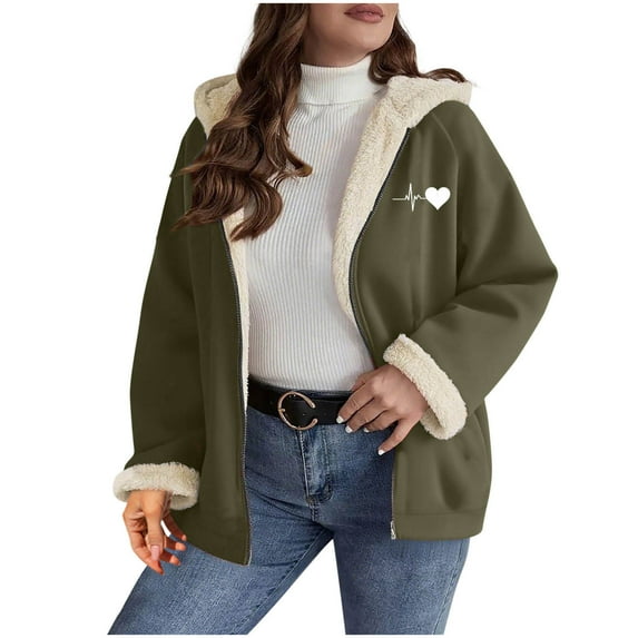 XPMWRP Women's Heart Pattern Print Hooded Fleece Jacket Oversized Solid Color Zip Coat Fall Winter Warm Long Sleeve Loose Jacket with Pockets Green L