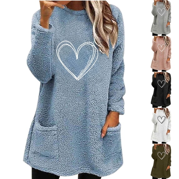 XPMWRP Women’s Heart Print Fleece Pullover Tunic Sweatshirt Long Sleeve Sherpa Tops Cozy Fall Winter Warm Outfits Pink L