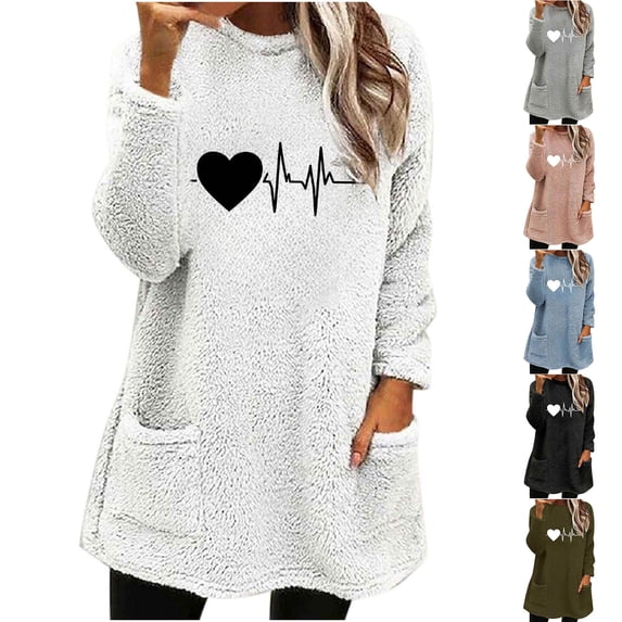 XPMWRP Women’s Heart Print Fleece Pullover Tunic Sweatshirt Long Sleeve Sherpa Tops Cozy Fall Winter Warm Outfits Pink XXXL