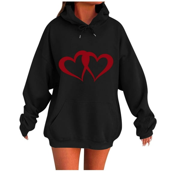 XPMWRP Women's Heart Print Oversized Hoodies Winter Warm Sweatshirts Hooded Pullover Fashion Casual Tops Sweater Trendy Outfits Black L