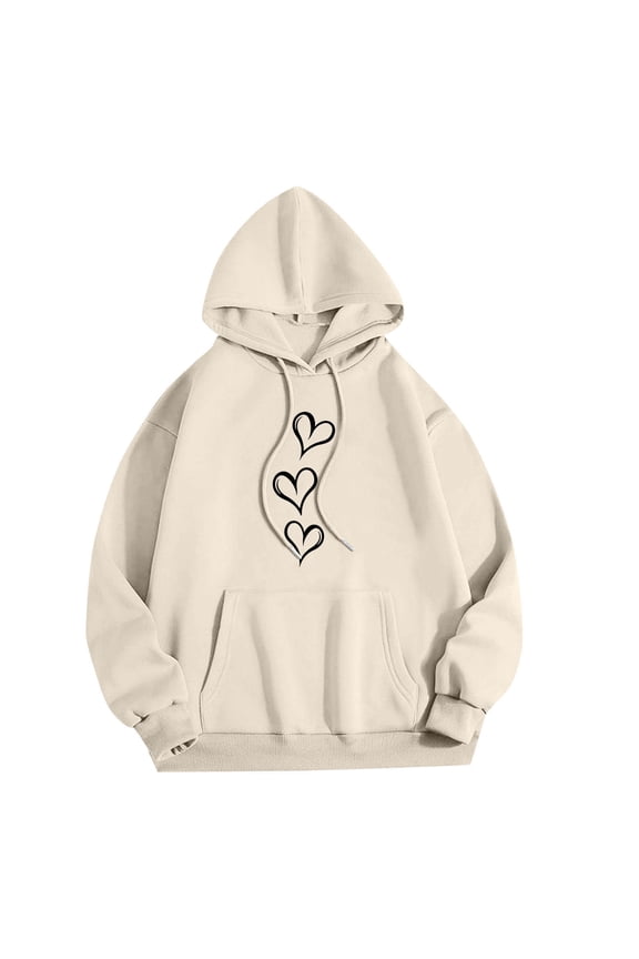 Women's Hearts Graphic Print Casual Hoodies Drawstring Sweatshirt Fall Winter Warm Loose Crew Neck Long Sleeve Pullover with Pockets Beige M