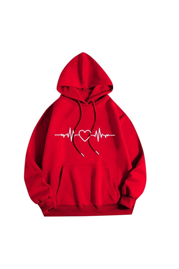 Women's Hearts Graphic Print Casual Hoodies Sweatshirt Fall Winter Warm Loose Crew Neck Long Sleeve Pullover Classic Everyday Clothes with Pockets Red L