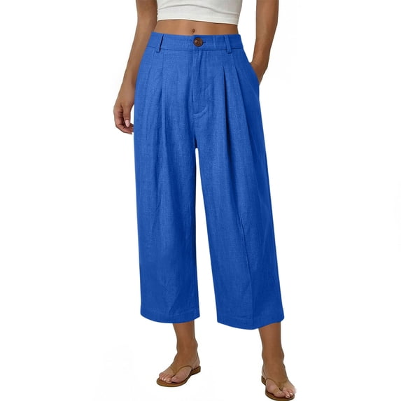 XPMWRP Women's High Waist Pleated Wide Leg Capri Pants Button Closure Casual Loose Trousers with Pockets Stretchy for Work Blue M