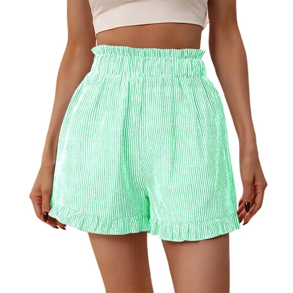 XPMWRP Women's High Waist Ruffle Hem Shorts Elastic Smocked Waist Casual Summer Shorts Cute A-Line Beach Shorts with Textured Fabric Green XL