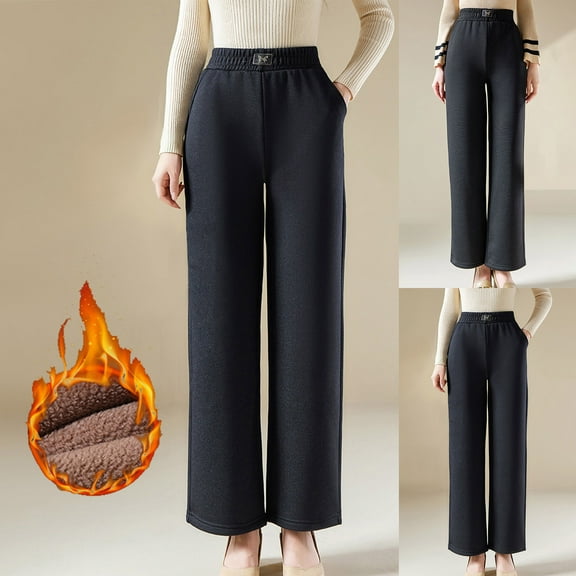 XPMWRP Women's High Waist Sherpa Lined Sweatpants Casual Winter Warm Straight Leg Pants Elastic Travel Athletic Work Pants Navy L