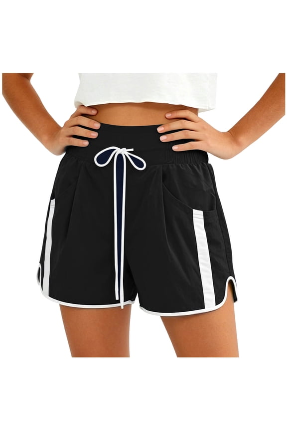 Women's High Waist Side Stripe Drawstring Casual Shorts Loose Summer Athletic Running Workout Short Pants with Pockets Black S