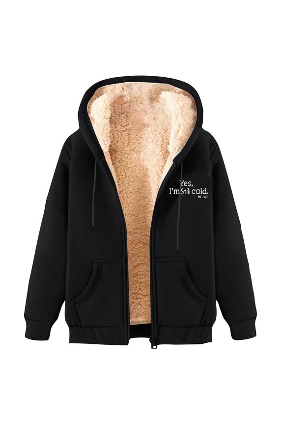Women's Hooded Fleece Jacket Oversized Solid Color Zip Coat Fall Winter Warm Long Sleeve Loose Jacket with Pockets Black L