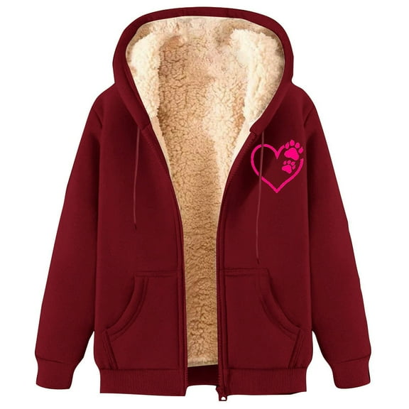 XPMWRP Women's Hooded Fleece Jacket Oversized Solid Color Zip Coat Fall Winter Warm Long Sleeve Loose Jacket with Pockets Red M