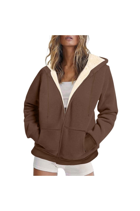 Women's Hooded Fleece Zip Jacket Oversized Solid Color Casual Coat Fall Winter Warm Long Sleeve Coat with Pockets Brown M