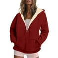 thumbnail image 1 of XPMWRP Women's Hooded Fleece Zip Jacket Oversized Solid Color Casual Coat Fall Winter Warm Long Sleeve Coat with Pockets Red M, 1 of 7