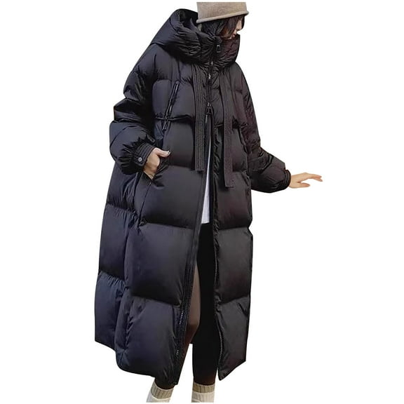 XPMWRP Women's Hooded Quilted Puffer Casual Jacket Thickened Padded Long Zip Coat Solid Color Winter Warm Outerwear with Pockets Black L