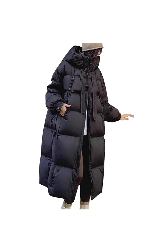 Women's Hooded Quilted Puffer Casual Jacket Thickened Padded Long Zip Coat Solid Color Winter Warm Outerwear with Pockets Black L