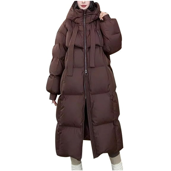 XPMWRP Women's Hooded Quilted Puffer Casual Jacket Thickened Padded Long Zip Coat Solid Color Winter Warm Outerwear with Pockets Brown L