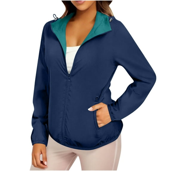 XPMWRP Women's Hooded Rain Jackets Windproof Full Zip Long Sleeve Hiking Jackets Fall Winter Oversized Solid Color Coats with Pockets Blue XXL