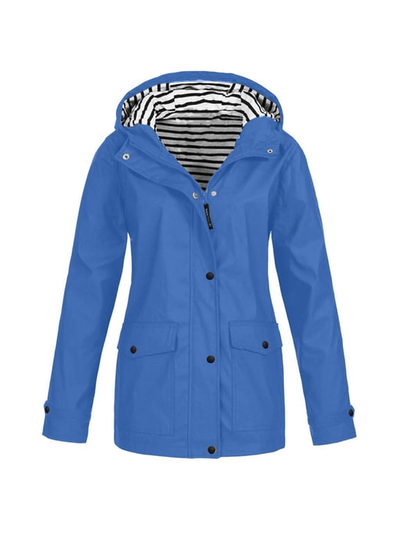 Women's Hooded Solid Color Coats Waterproof Outdoor Long Sleeved Rain Jacket Lightweight Zip Up Fall Winter Windbreaker Jacket with Pockets Blue M
