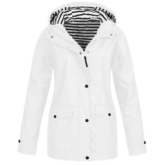 XPMWRP Women's Hooded Solid Color Coats Waterproof Outdoor Long Sleeved Rain Jacket Lightweight Zip Up Fall Winter Windbreaker Jacket with Pockets White XXXL