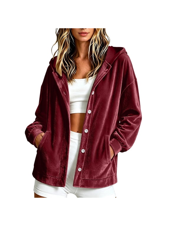 Women's Hooded Velvet Button Down Jacket, Loose Long‑Sleeve Soft Velour Casual Open Front Fall Outer Coat with Pockets Wine M