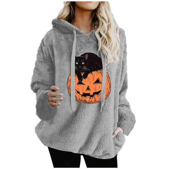 XPMWRP Women's Hoodie Drawstring Sweatshirts Letter Printed Double Sided Fleece Sweatshirts Long Sleeve Winter Warm Pullover with Pocket Gray S