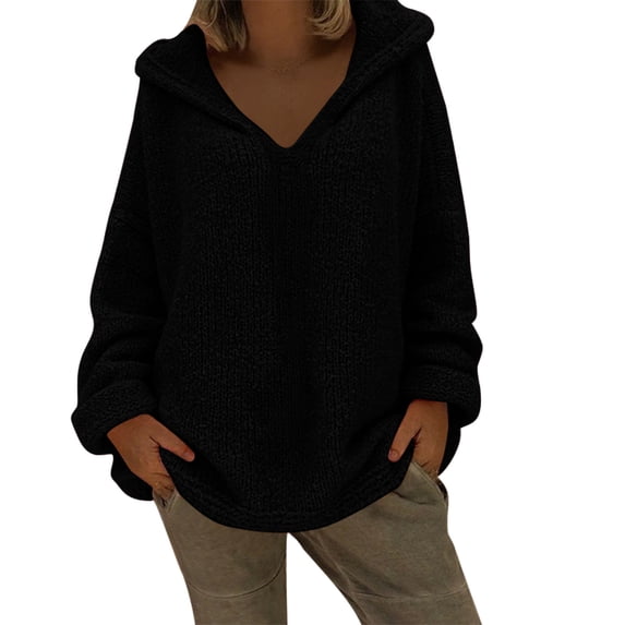 XPMWRP Women's Hoodie V neck Sweaters Long Sleeve Chunky Cable Knit Solid Color Pullover Sweaters Fall Trendy Casual Tunic Sweater Black XL