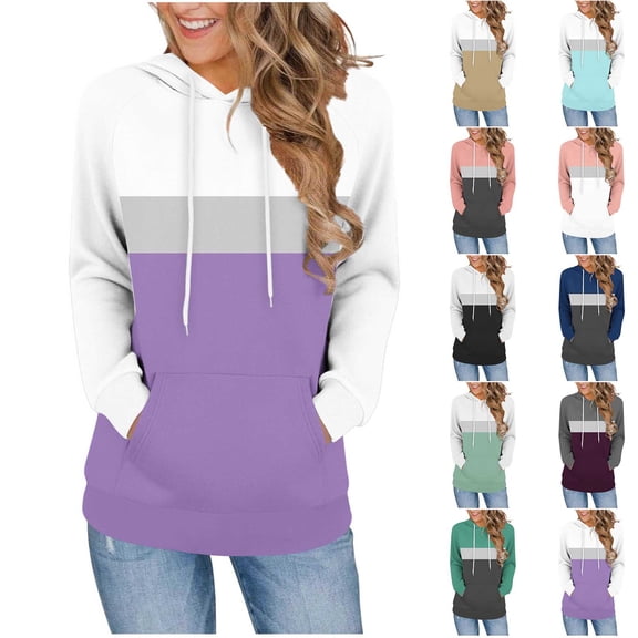 XPMWRP Women's Hoodies Long Sleeve Casual Printed Drawstring Color Block Sweatshirts Loose Comfy Tops Trendy Fall Winter Pullovers White S