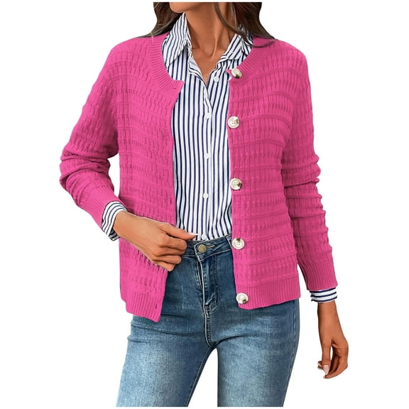 XPMWRP Women's Knit Cardigan Crewneck Sweaters Fashionable Casual Long Sleeve Open Front Button Down Trendy Solid Color Jackets Outerwear Pink L