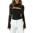 thumbnail image 1 of XPMWRP Women's Lace Cutout Tops Going Out Crew Neck Slim Shirt Sheer Mesh Bell Long Sleeve Blouse Bodycon Outfits Black M, 1 of 7