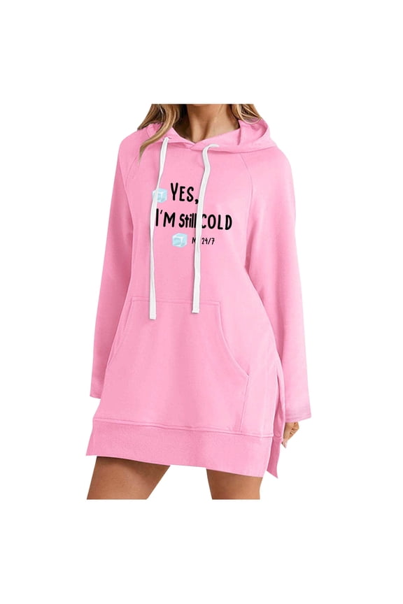 Women's Letter Printed Drawstring Sweatshirt Fashion Long Sleeve Hoodies Side Split Pullover Loose Warm Sweatshirt with Pockets Pink S
