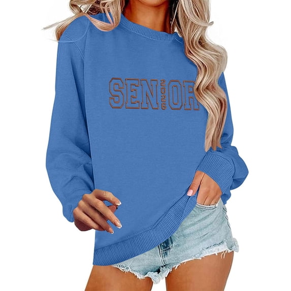 XPMWRP Women's Letter Printed Sweatshirts Long Sleeve Casual Crewneck Loose Fit Tunic Sweatshirts Oversized Pullover Blue XXL
