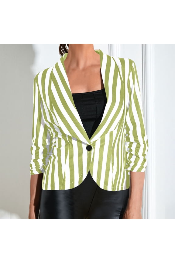 Women's Lightweight Striped Casual Jacket 3/4 Sleeve Loose Lapel Coats Fall Winter Trendy Button Down Jacket Green S