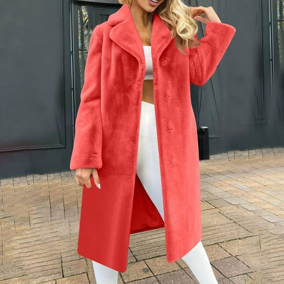 XPMWRP Women's Long Cardigan Button Down Jackets Solid Color Notched Collar Loose Coats Long Sleeve Casual Winter Warm Trendy Clothes Red XL