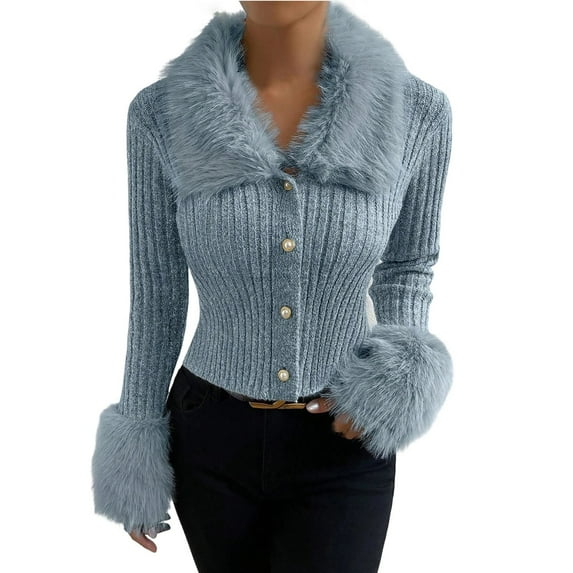 XPMWRP Women's Long Sleeve Button Down Sweater Fur Trim Casual Lightweight Soft Ribbed Knit Cardigan Solid Color Sweaters Coat Blue M