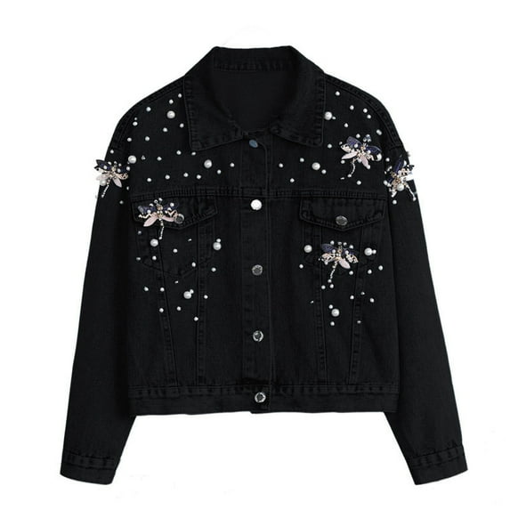 XPMWRP Women's Long-Sleeve Denim Jacket Casual Fashion Outerwear Soft Breathable Stylish Blouse Vacation Everyday Wear Black XL